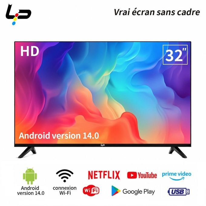 LP TV intelligente 32 pouces Android 14.0 1+8G sans bordure HD Wi-Fi
